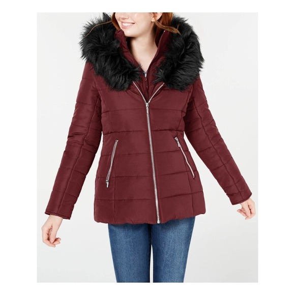 Maralyn & Me Jackets & Blazers - Maralyn Me Hooded Faux-Fur-Trim Puffer Coat Juniors Zinfandel Red